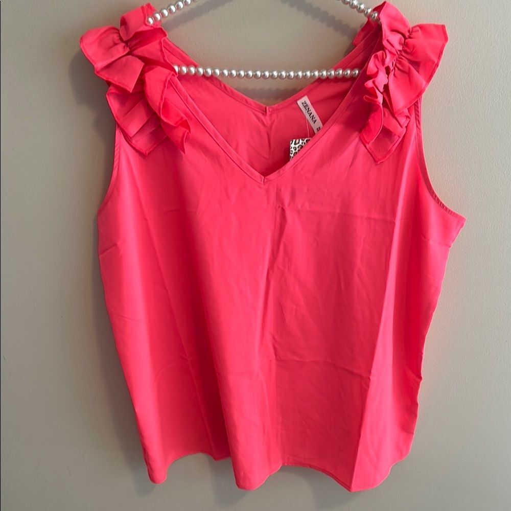 Zenana Tank Top 3X Pink V Neck Ruffle Shoulder Sleeveless Blouse Polyester 26x27